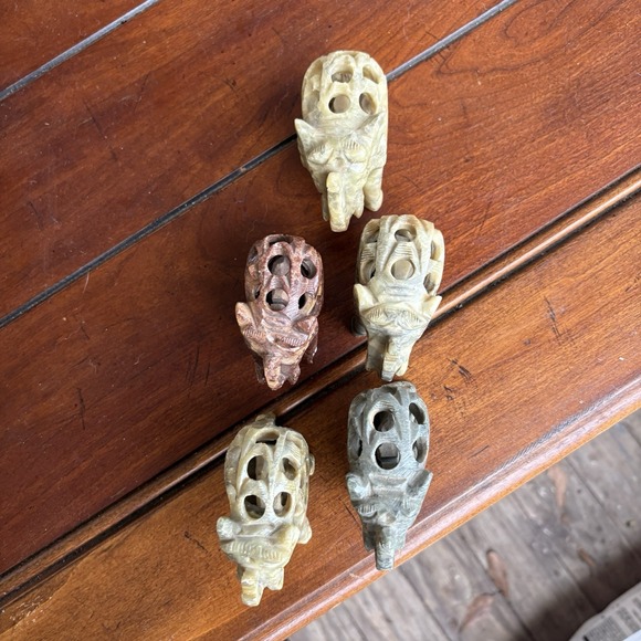 Vintage Hand Carved Soapstone Momma Elephant W/Baby Inside Figurines Lot Of 5 - Picture 8 of 10